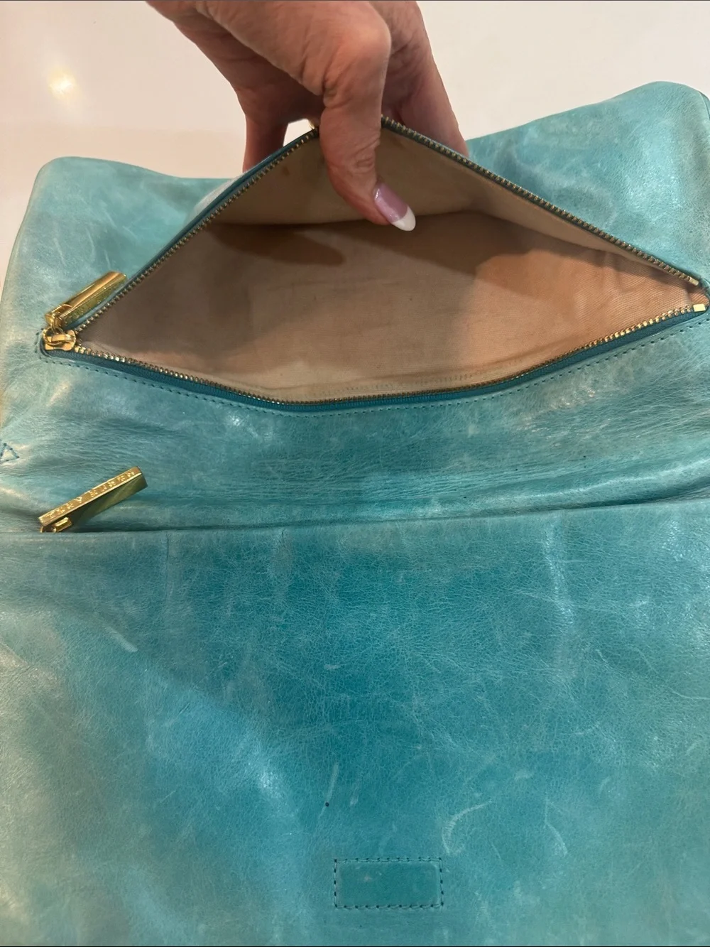 Tory Burch Teal Leather Logo Clutch with Gold Chain Strap